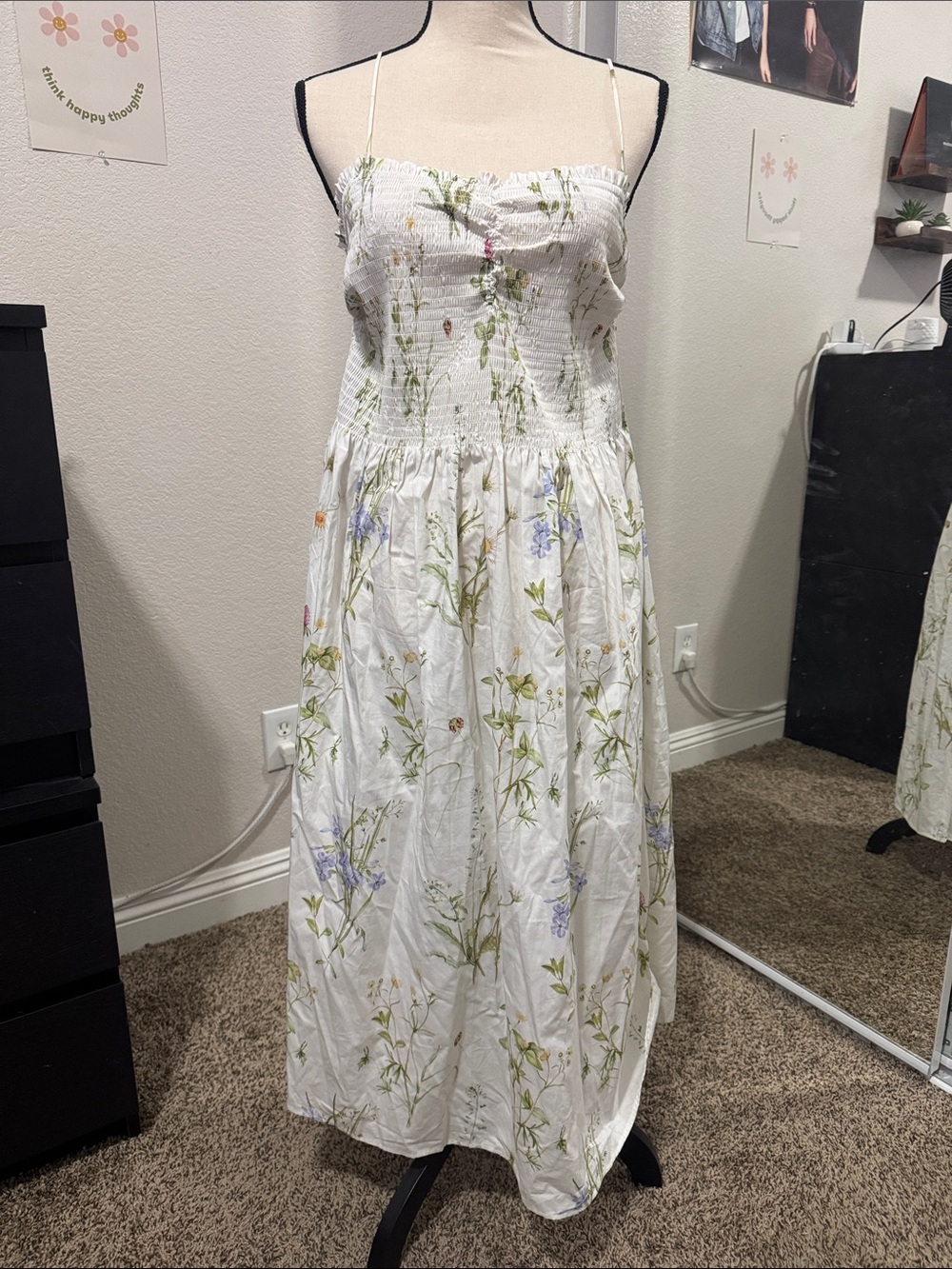 Smocked White Floral Midi Dress